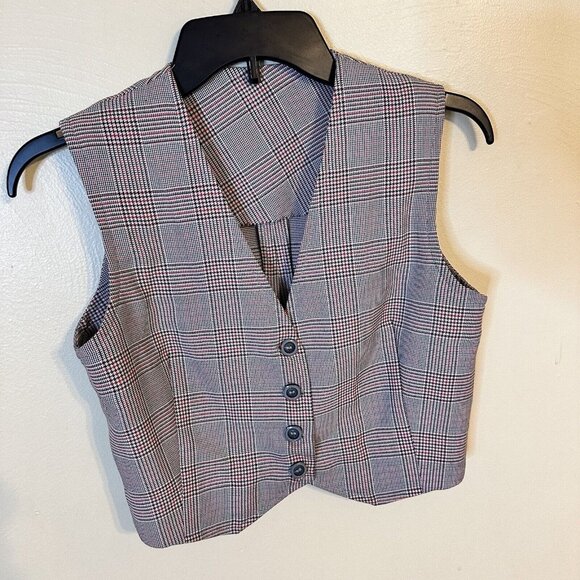Vintage Womens White Red & Black Plaid Cropped Vest XS Button Front 1990s - Picture 4 of 4